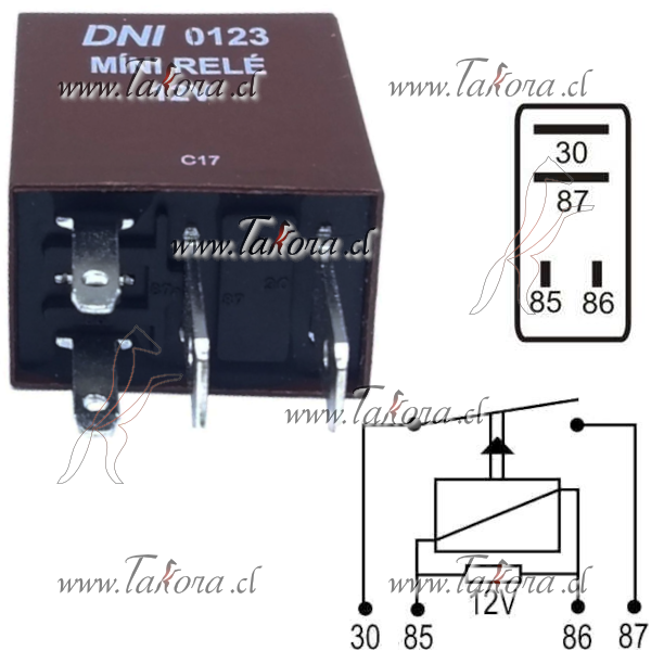 Repuestos de autos: Mini Relay (rele), Auxiliar Universal, 12 Volts, 2...
Nro. de Referencia: DNI-0123-12V