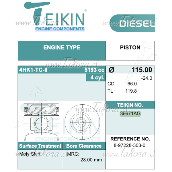 Repuestos de autos: Set de Pistones, Std., Diametro 115.00mm., 1er Ani...
Nro. de Referencia: 8-97228-303-0/STD
