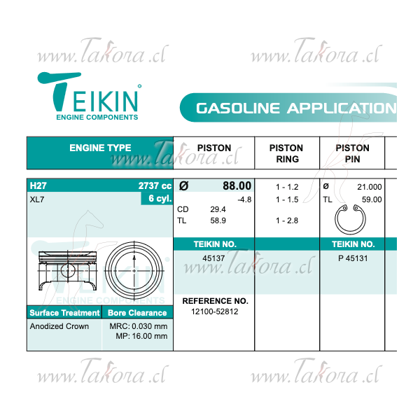 Repuestos de autos: Set Piston Motor, 0.50, Diametro 88.00mm., 1.20-1....
Nro. de Referencia: 12100-52812-050