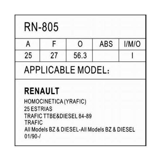 Repuestos de autos: Homocinetica, Renault Trafic Bencinero, Dientes Ex...
Nro. de Referencia: RN-805